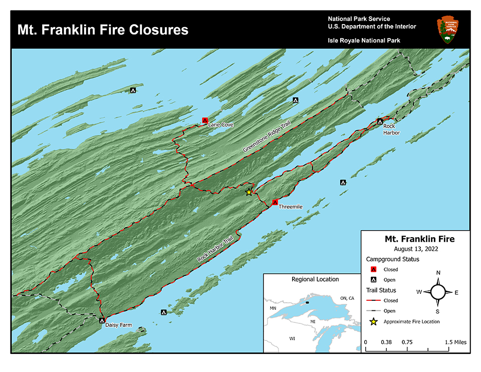Mount Franklin Fire trail and campground closure map, Isle Royale National Park / NPS Mount Franklin Fire trail and campground closure map, Isle Royale National Park / NPS