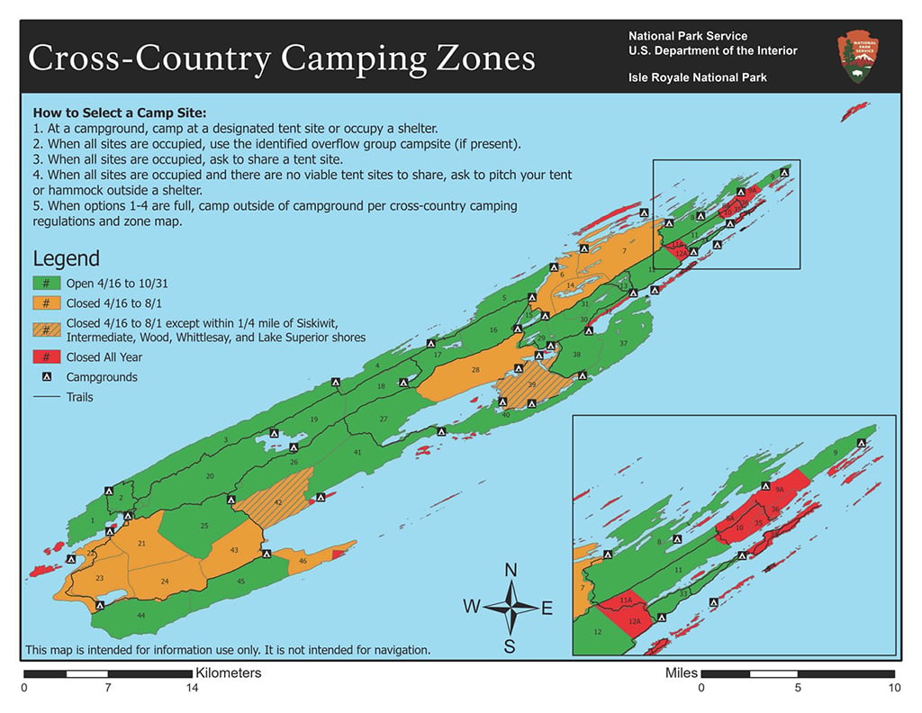 Map of cross-country camping zones and regulations, Isle Royale National Park / NPS-Jacob Bonessi