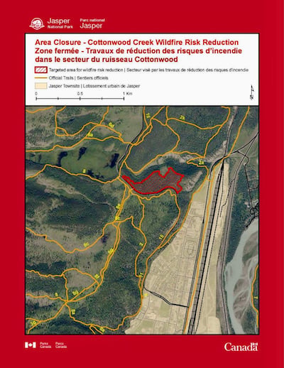 A Jasper National Park map that shows the Cottonwood Creek area closure. A Jasper National Park map that shows the Cottonwood Creek area closure.