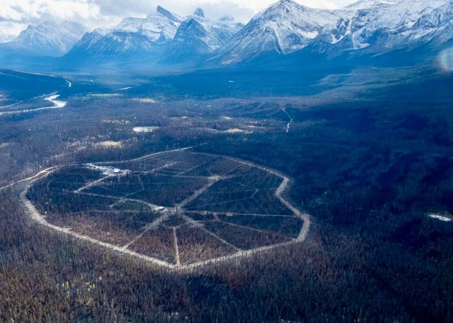 An aerial view of the Caribou Conservation Breeding Centre compound in Jasper National Park. An aerial view of the Caribou Conservation Breeding Centre compound in Jasper National Park.
