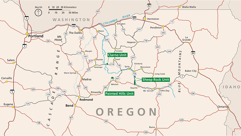 Area map of the units in John Day Fossil Beds National Monument / National Park Service Area map of the units in John Day Fossil Beds National Monument / National Park Service