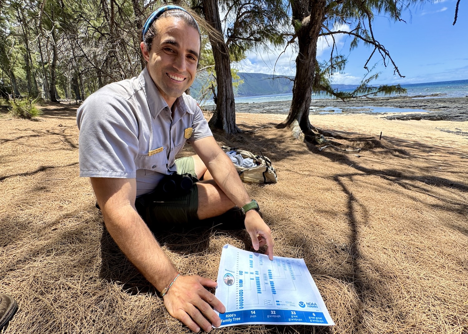  Aquatic biological science technician Glauco Puig-Santana sits on a Kalaupapa beach studying Hawaiian monk seals.