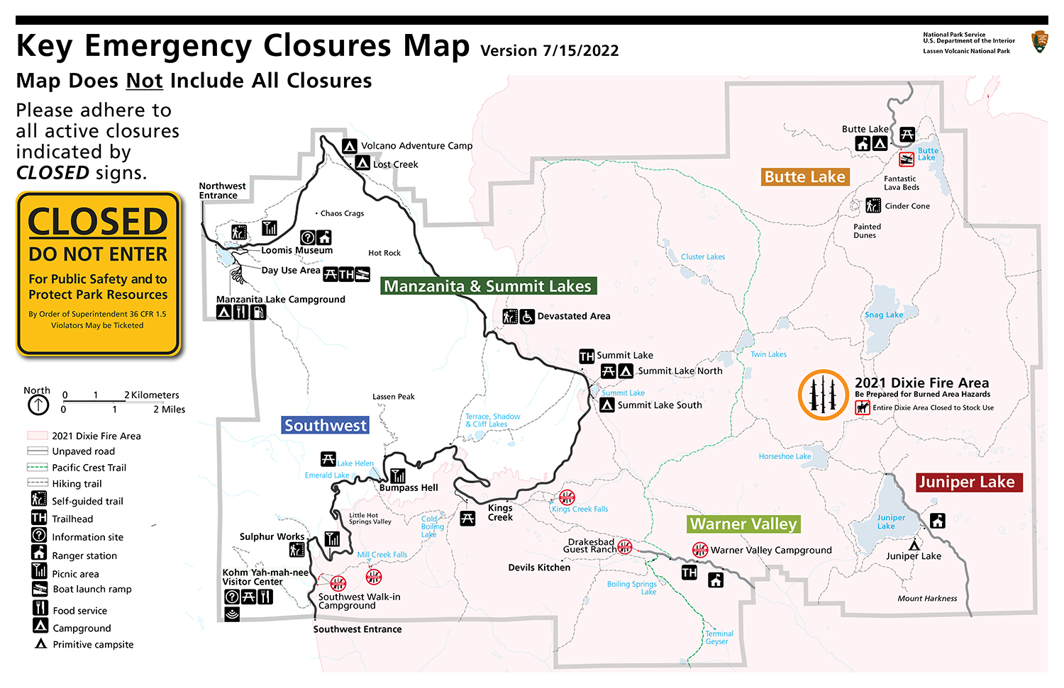 Key emergency closures map version 7-15-2022, Lassen Volcanic National Park / NPS Key emergency closures map version 7-15-2022, Lassen Volcanic National Park / NPS