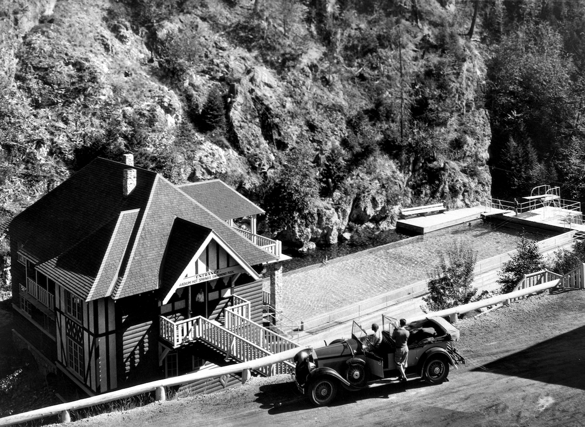 A new bathhouse opened at Radium Hot Springs in Kootenay National Park in 1928. A new bathhouse opened at Radium Hot Springs in Kootenay National Park in 1928.