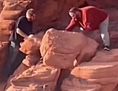 Two men captured in this blurry photo have been indicted on charges of allegedly damaging rock formations at Lake Mead National Recreation Area/NPS HO Two men captured in this blurry photo have been indicted on charges of allegedly damaging rock formations at Lake Mead National Recreation Area/NPS HO