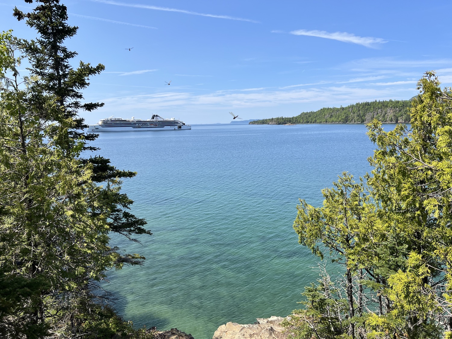 The Viking Octantis anchors in Lake Superior just off Sleeping Giant Provincial Park in Ontario.