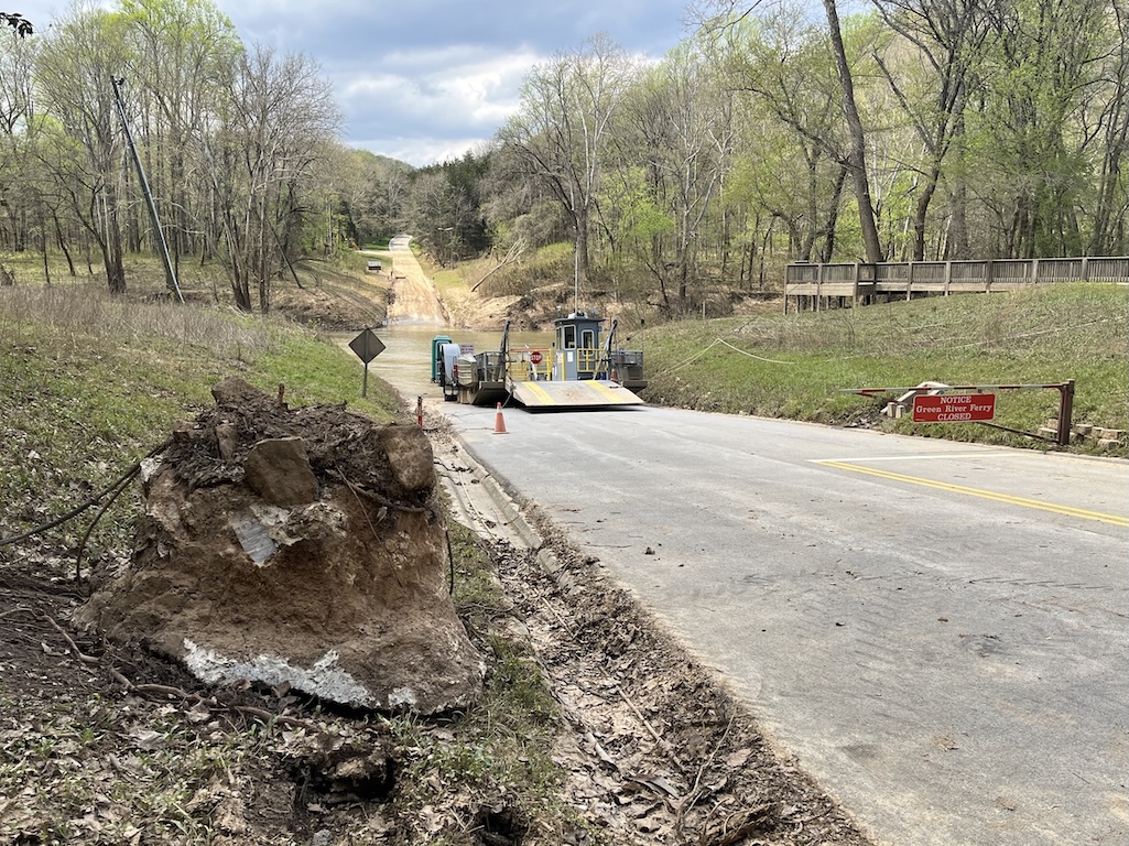 The vehicle ferry that crosses the Green River in Mammoth Cave National Park has been knocked out of service by flooding/NPS The vehicle ferry that crosses the Green River in Mammoth Cave National Park has been knocked out of service by flooding/NPS