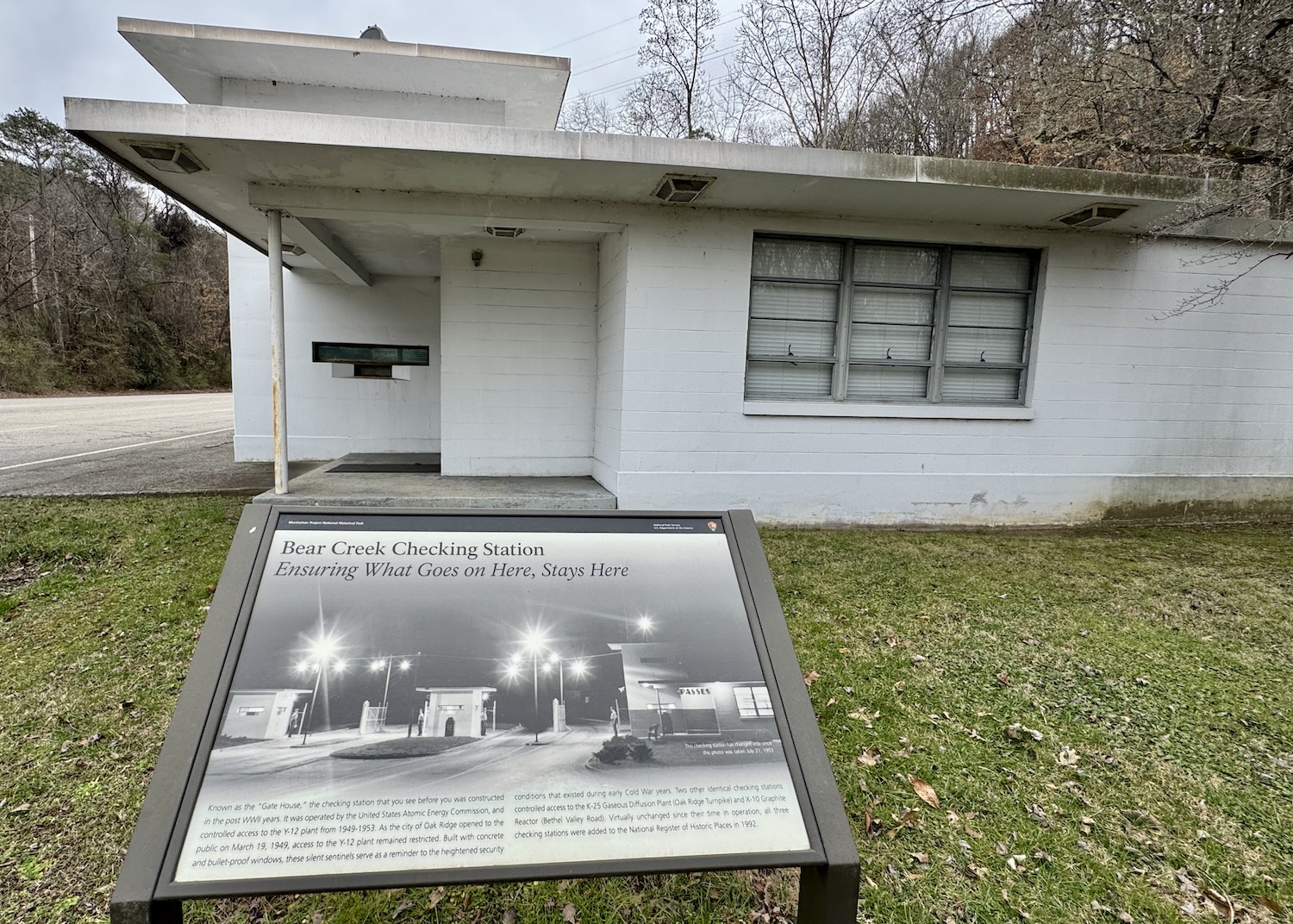 Three of the original gate houses to get into restricted parts of Oak Ridge are still intact, like this Bear Creek Checking Station.