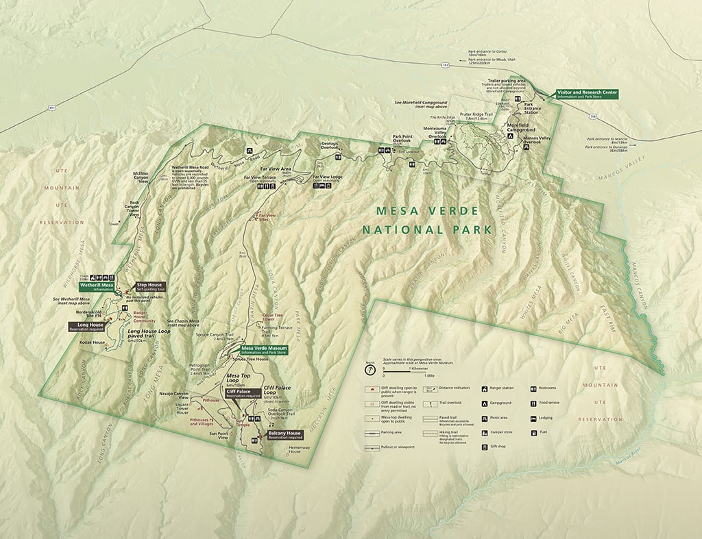 Map of Mesa Verde National Park including entrance from Highway 160 / NPS file Map of Mesa Verde National Park including entrance from Highway 160 / NPS file