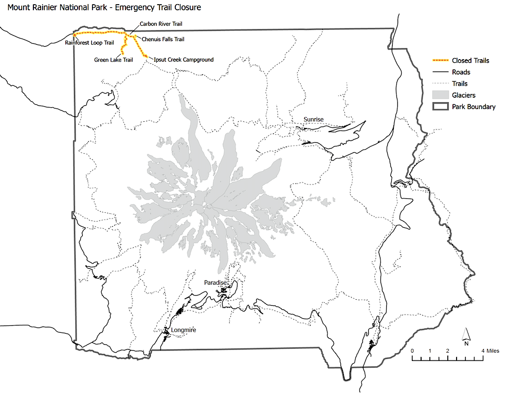 The Carbon River section of Mount Rainier National Park has been closed by a washout/NPS The Carbon River section of Mount Rainier National Park has been closed by a washout/NPS