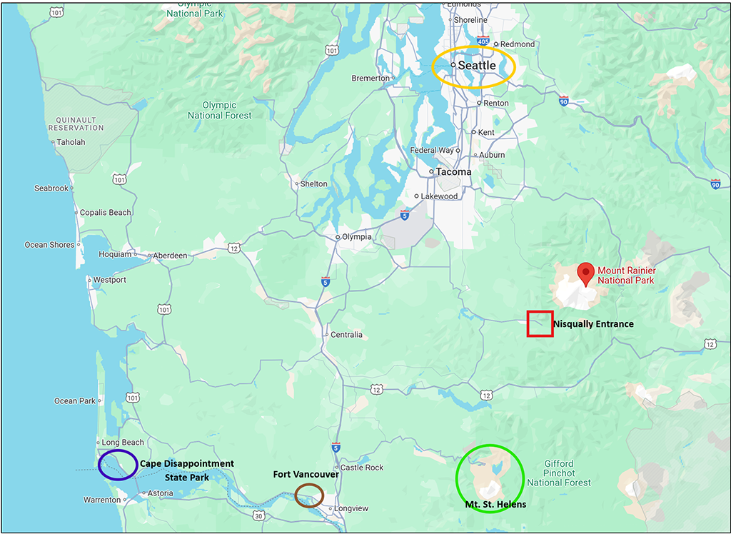 Locations of a few side trips you might be interested in exploring from your home base of Mount Rainier National Park / Google Maps screenprint Locations of a few side trips you might be interested in exploring from your home base of Mount Rainier National Park / Google Maps screenprint