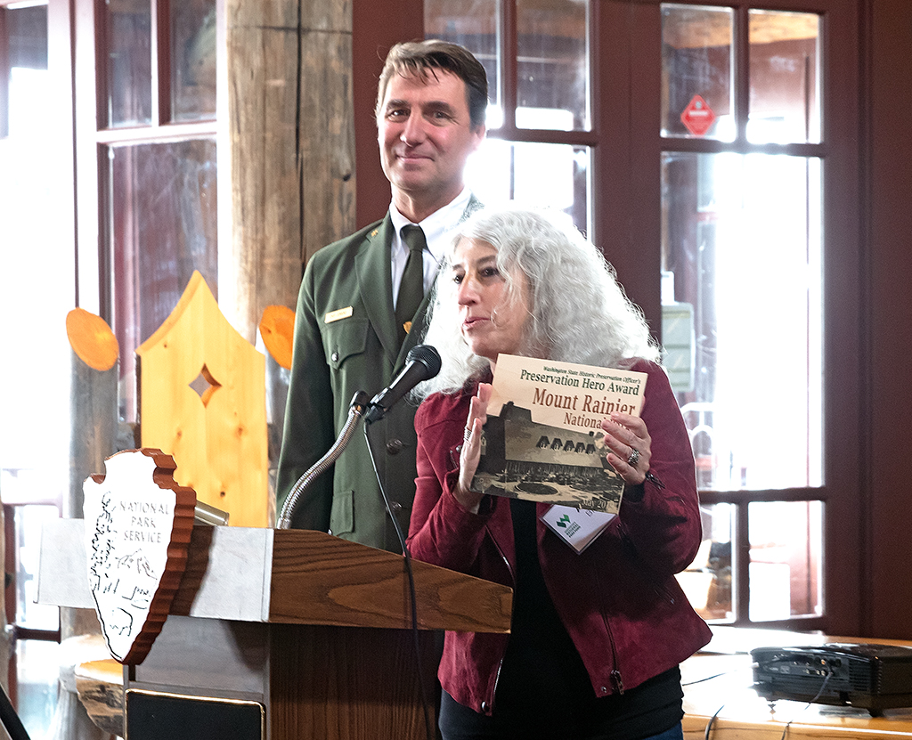 Dr. Allyson Brooks presenting the Preservation Hero Award to Superintendent Chip Jenkins, Mount Rainier National Park / Rebecca Latson
