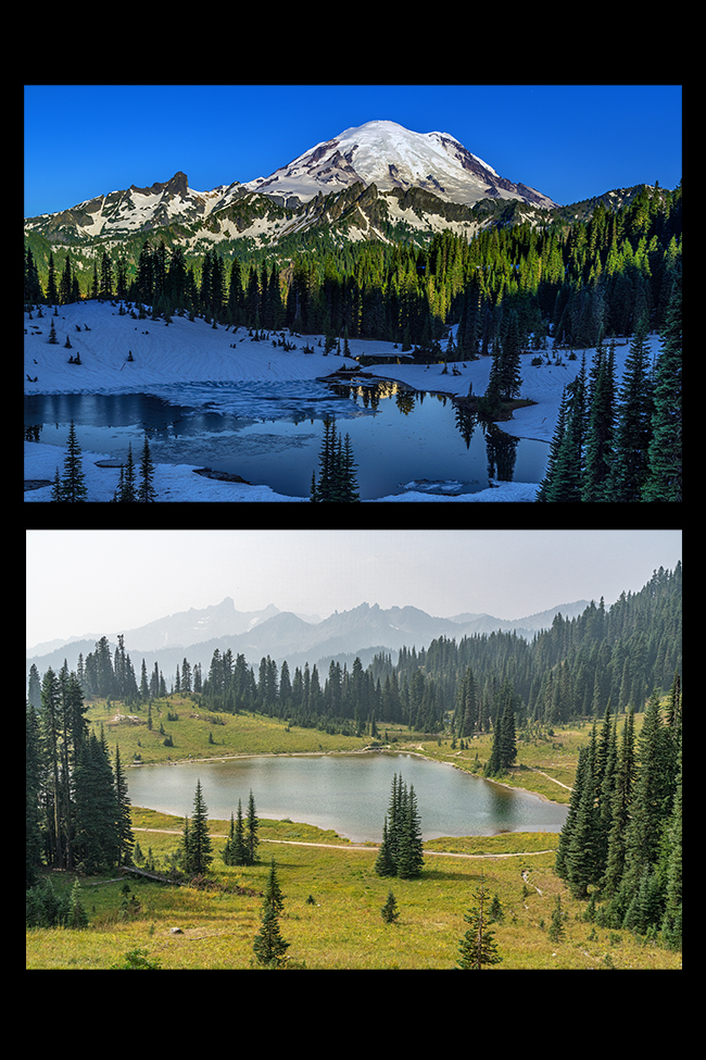 What the view looks like at Tipsoo Lake on a clear day, and what it looks like when wildfire smoke rolls in, Mount Rainier National Park / Rebecca Latson