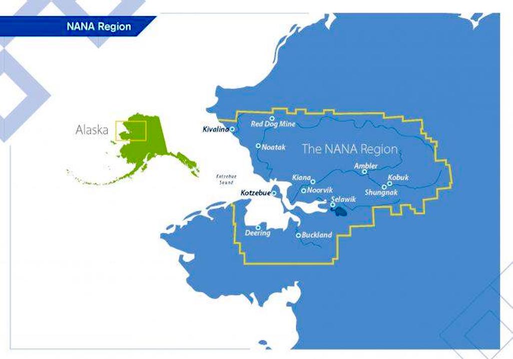 Yellow line shows the area of NW Alaska that NANA Corporation represents. Yellow line shows the area of NW Alaska that NANA Corporation represents.