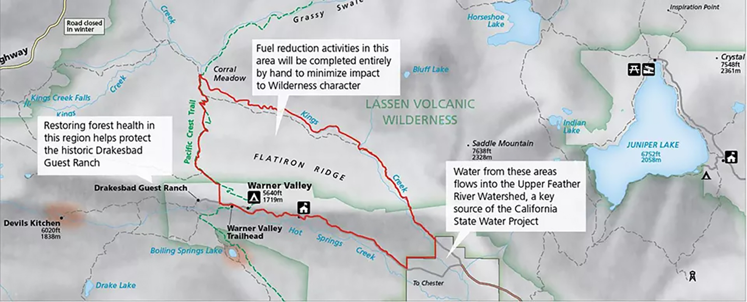 North Fork Feather River Headwaters Forest Restoration map of the Flatiron unit in the Warner Valley Area, Lassen Volcanic National Park / NPS North Fork Feather River Headwaters Forest Restoration map of the Flatiron unit in the Warner Valley Area, Lassen Volcanic National Park / NPS