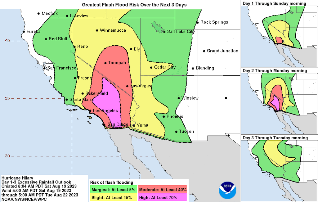 National Hurricane Center graphics predicted flash floods for Joshua Tree, Death Valley, and Mojave National Preserve/NOAA National Hurricane Center graphics predicted flash floods for Joshua Tree, Death Valley, and Mojave National Preserve/NOAA