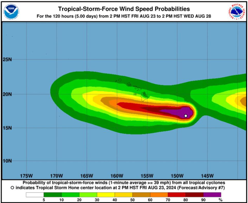 Graphic of tropical storm-force wind probabilities for the Hawaiian islands / NOAA Graphic of tropical storm-force wind probabilities for the Hawaiian islands / NOAA
