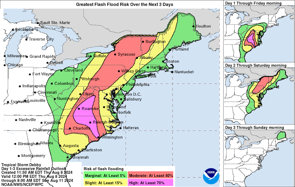 Tropical Storm Debby was carrying flash flooding risks north through the Eastern Seaboard/NOAA