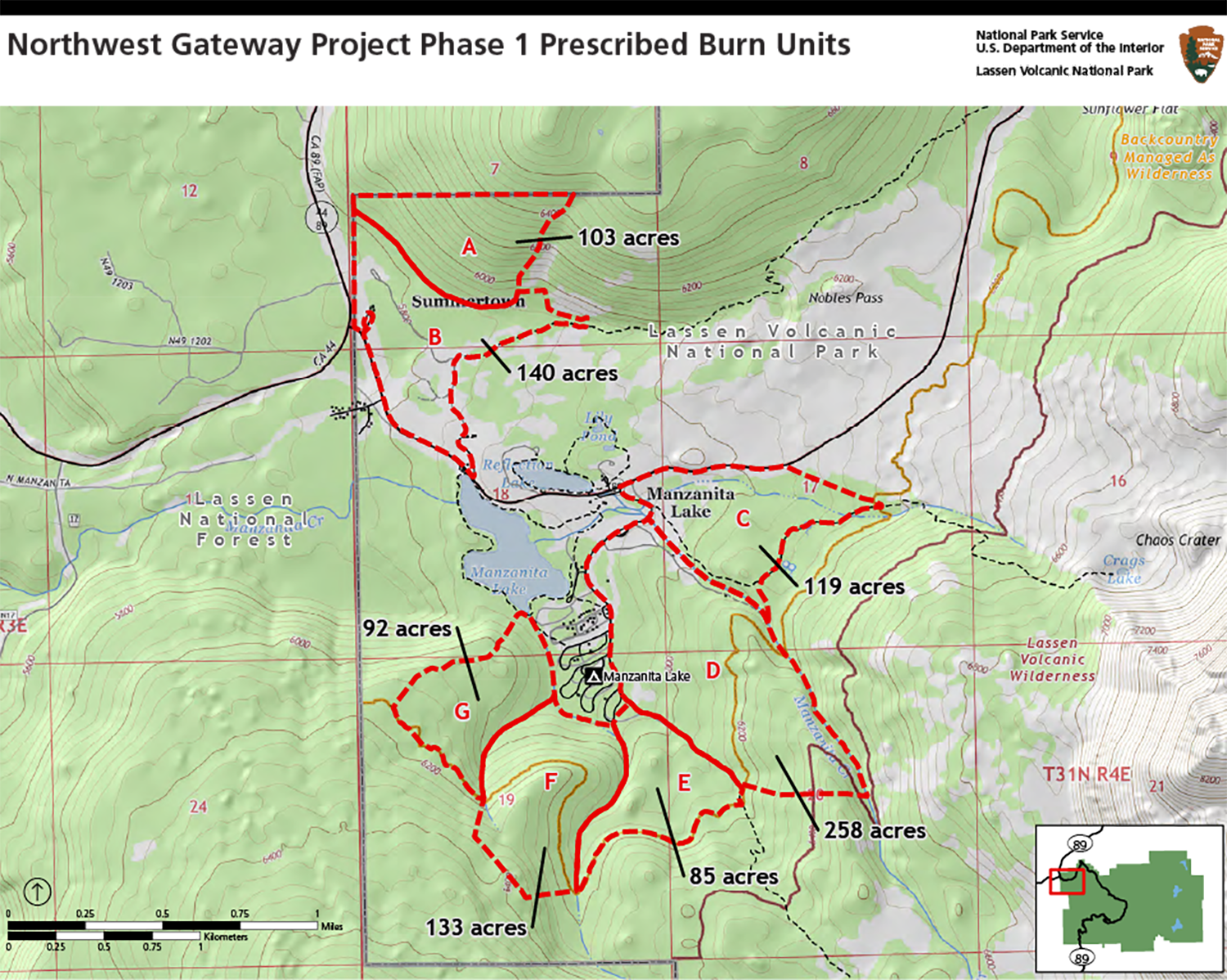 Northwest Gateway Project Phase 1 prescribed burn units map, Lassen Volcanic National Park / NPS Northwest Gateway Project Phase 1 prescribed burn units map, Lassen Volcanic National Park / NPS