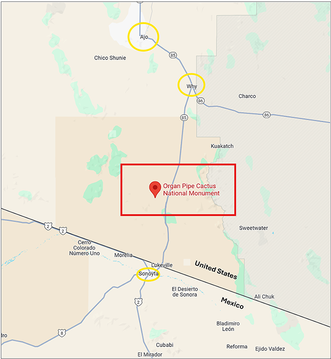 Area map surrounding Organ Pipe Cactus National Monument / Google Maps