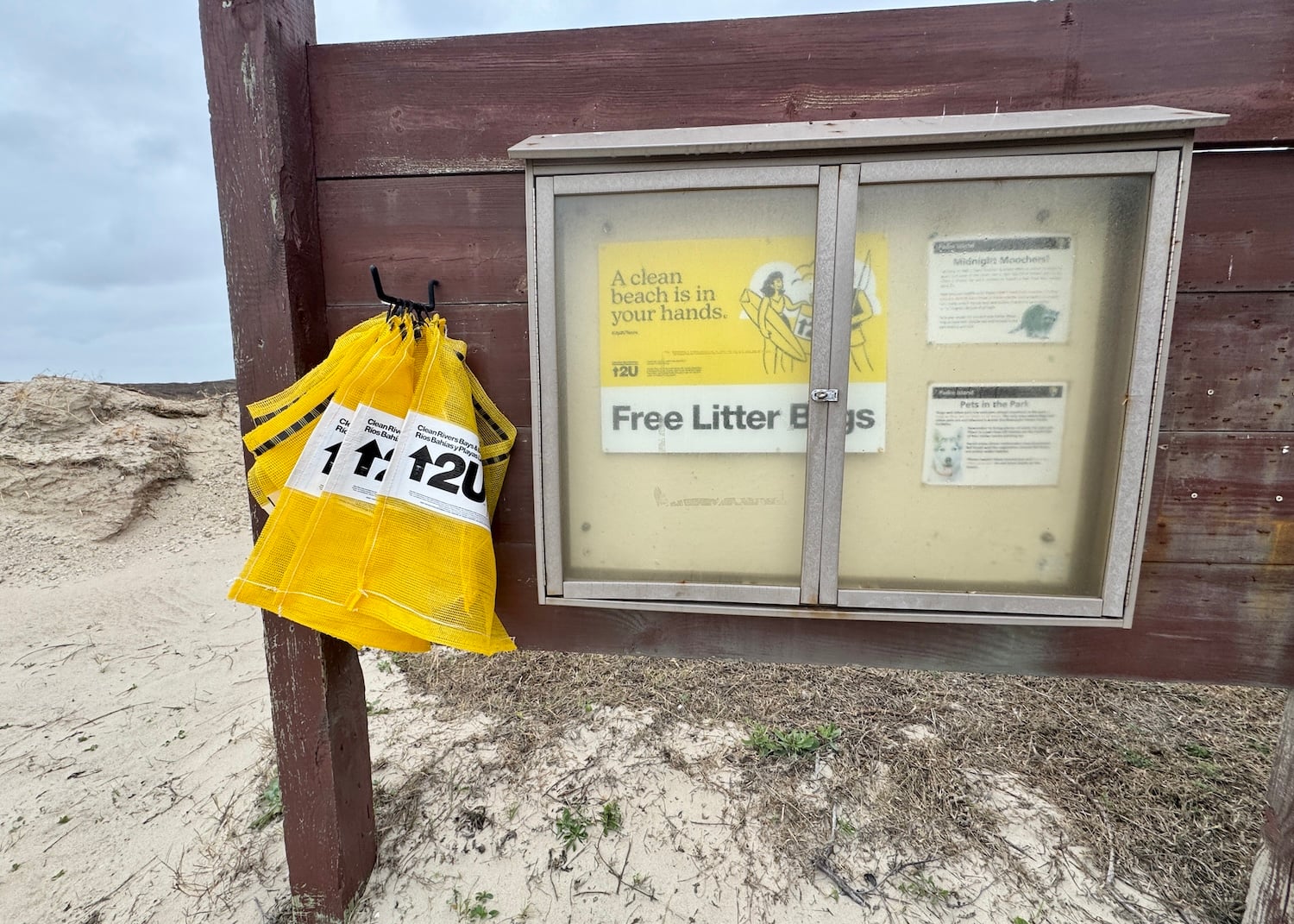 You'll find free trash bags throughout Padre Island National Seashore in Texas. You'll find free trash bags throughout Padre Island National Seashore in Texas.