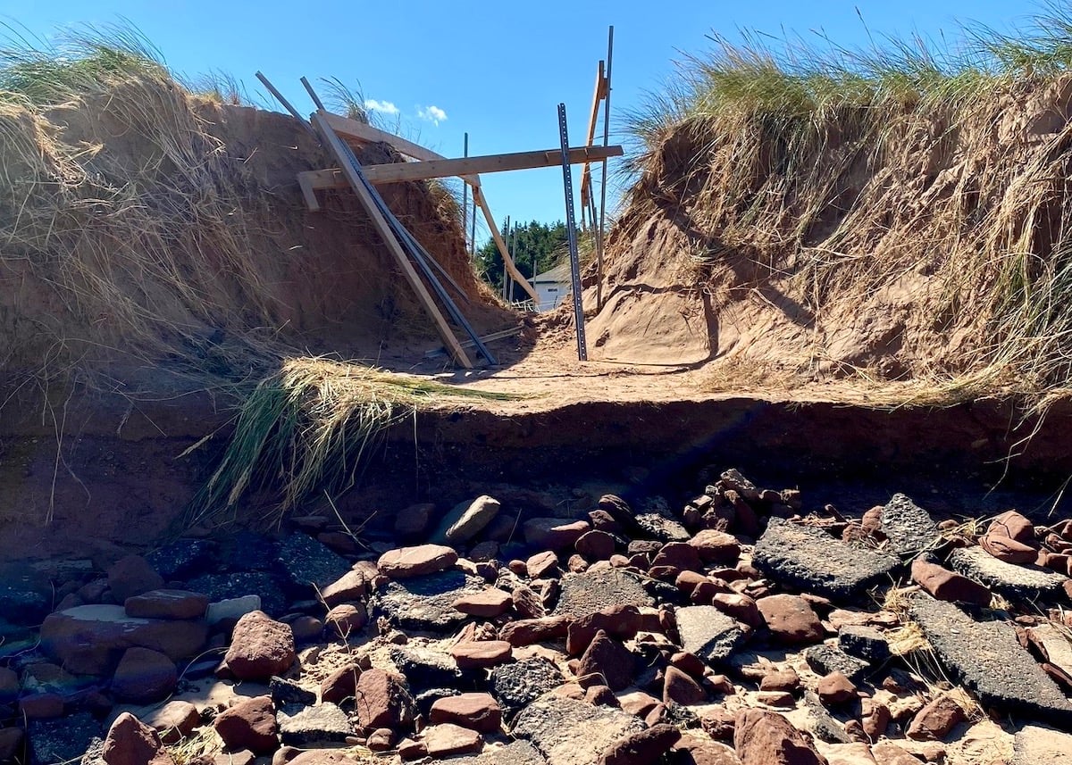A Sept. 27 photo shows damage from Fiona to the Stanhope Cape Beach dune crossing. A Sept. 27 photo shows damage from Fiona to the Stanhope Cape Beach dune crossing.