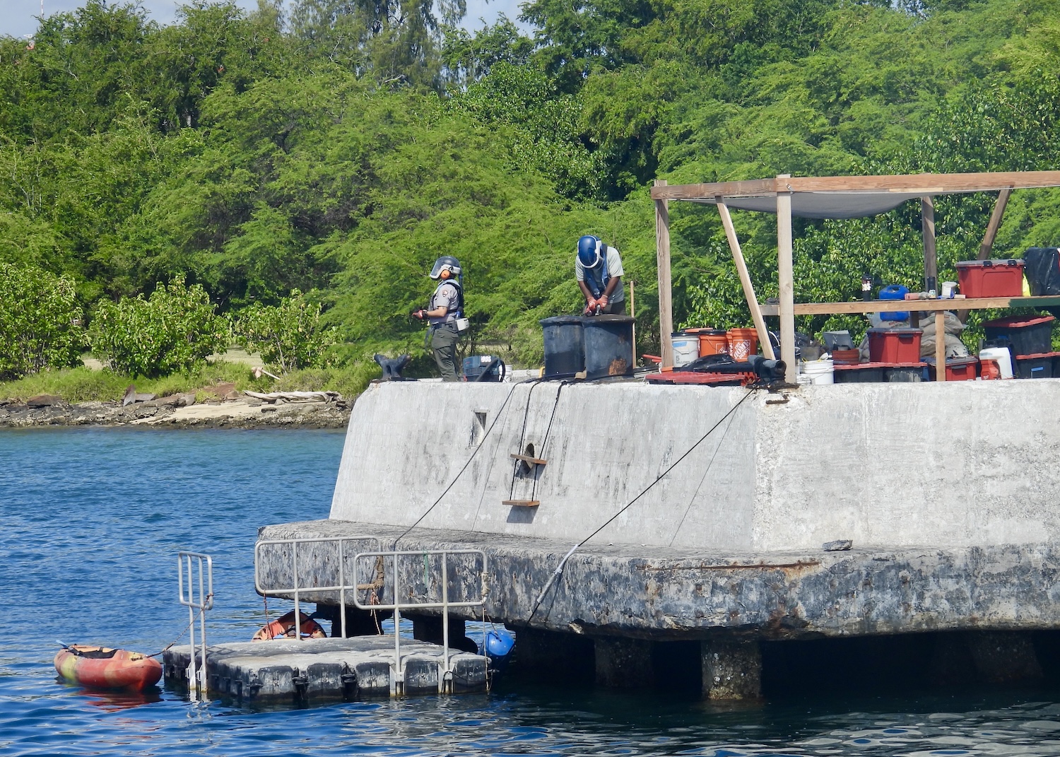 The historic preservation team works on the mooring quay used by the USS Vestal on the day of the Pearl Harbor attack. The historic preservation team works on the mooring quay used by the USS Vestal on the day of the Pearl Harbor attack.