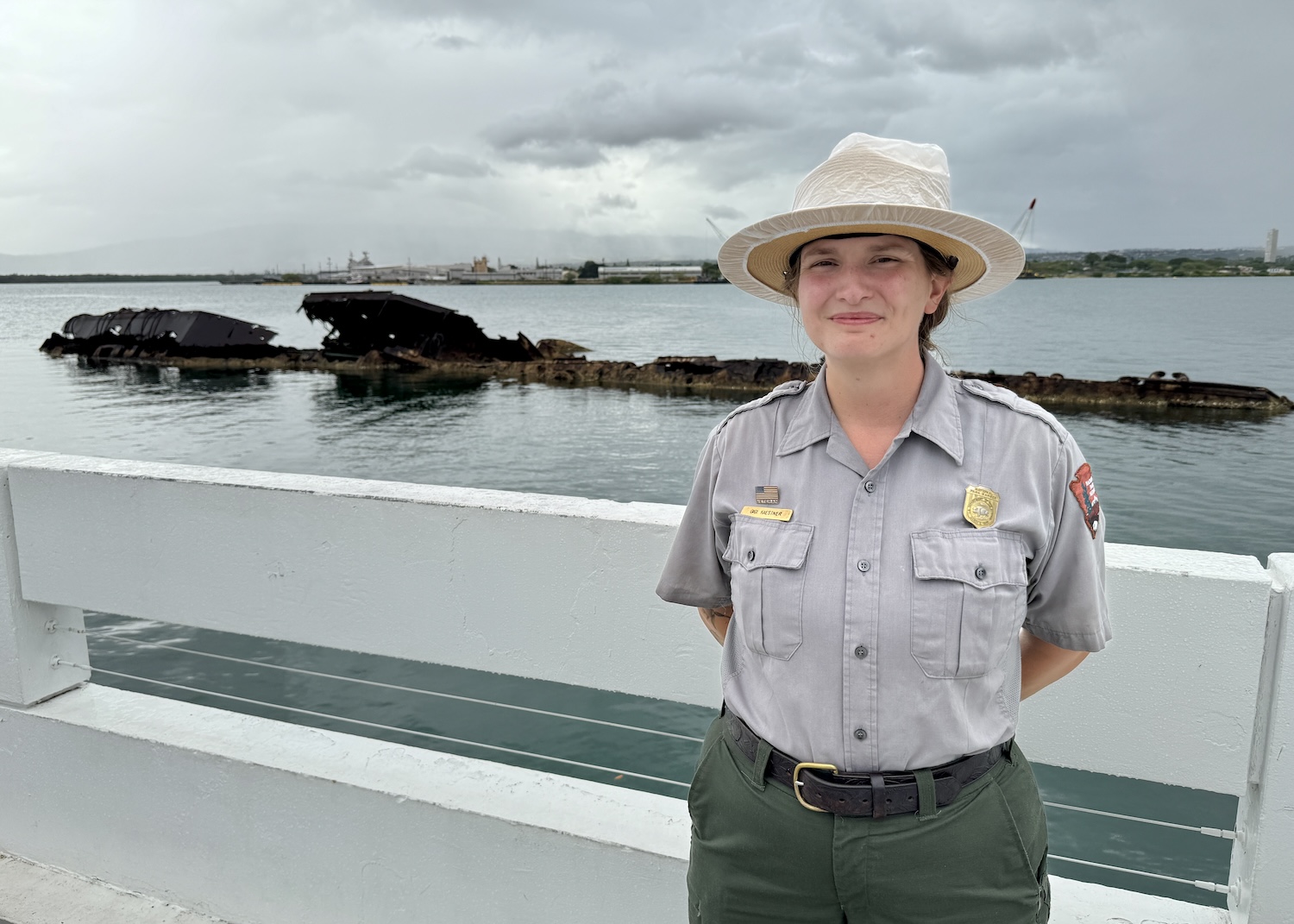 On the Ford Island bus tour, ranger Gigi Kaestner talks about the USS Utah Memorial. On the Ford Island bus tour, ranger Gigi Kaestner talks about the USS Utah Memorial.