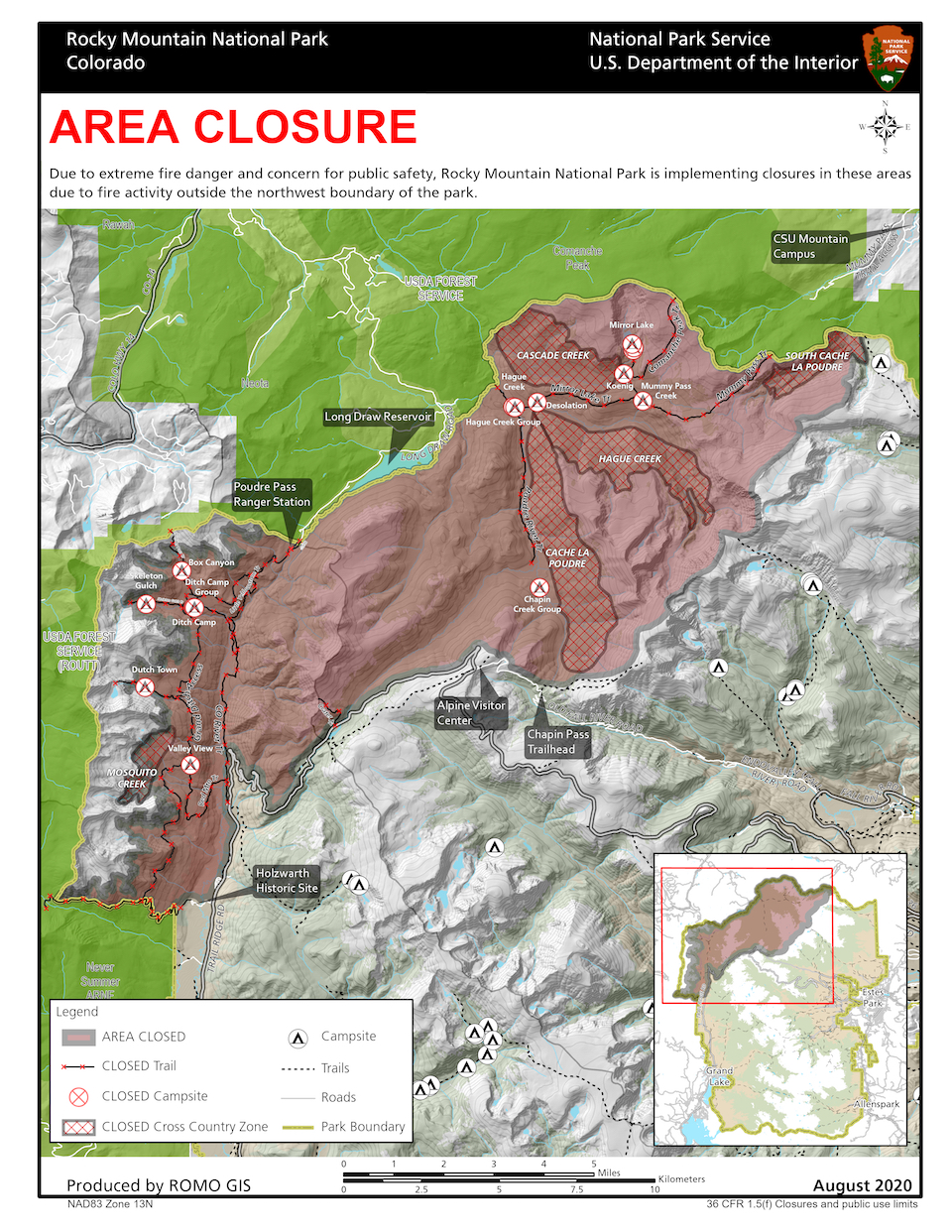 A swath of Rocky Mountain National Park along its northwest boundary was closed to the public Tuesday/NPS