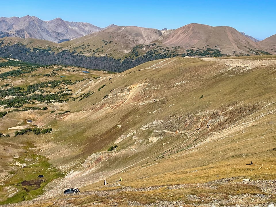 View of the vehicle off road approximately 500 feet below Trail Ridge Road, Rocky Mountain National Park / NPS View of the vehicle off road approximately 500 feet below Trail Ridge Road, Rocky Mountain National Park / NPS