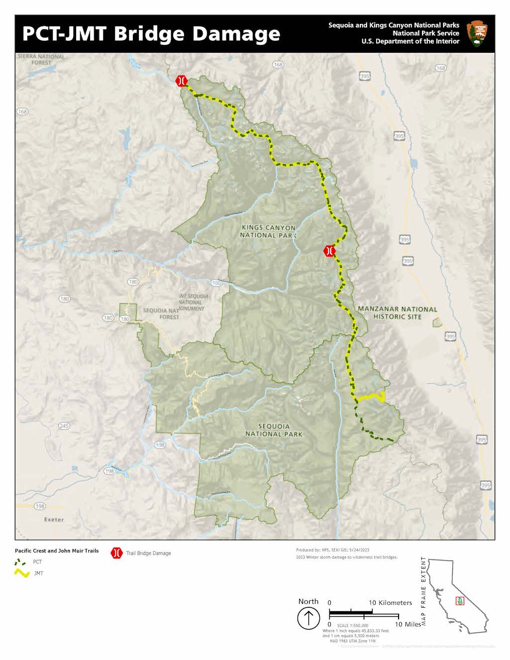 Winter did significant damage to two backcountry trail bridges key for Pacific Crest Trail and John Muir Trail hikers/NPS