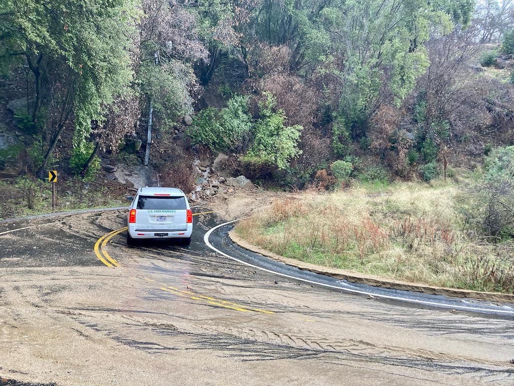 A landslide has closed the Generals Highway about 1 mile above the entrance station/NPS A landslide has closed the Generals Highway about 1 mile above the entrance station/NPS