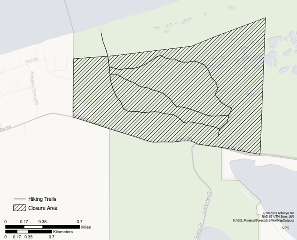 This map defines the area closure surrounding the Old Indian Trail. The closure covers an area approximately 1 1/2 x 1 1/2 miles/NPS