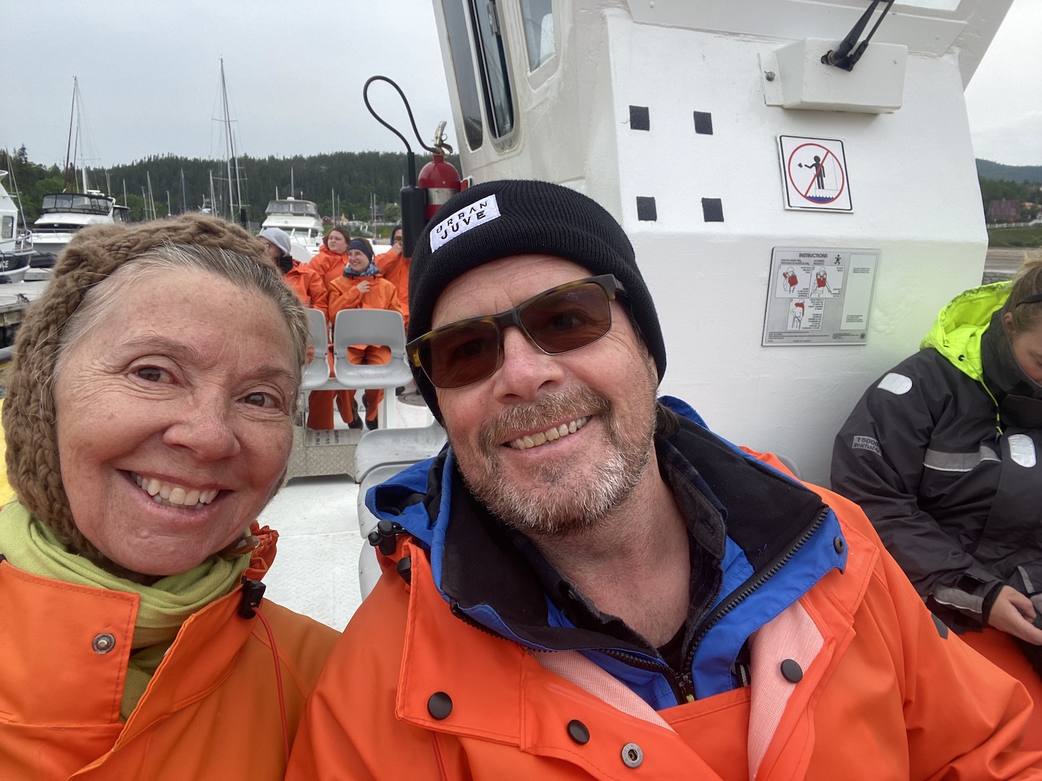 Writer Maureen Littlejohn and her husband Steve Plunkett are dressed for whale watching by Zodiac.