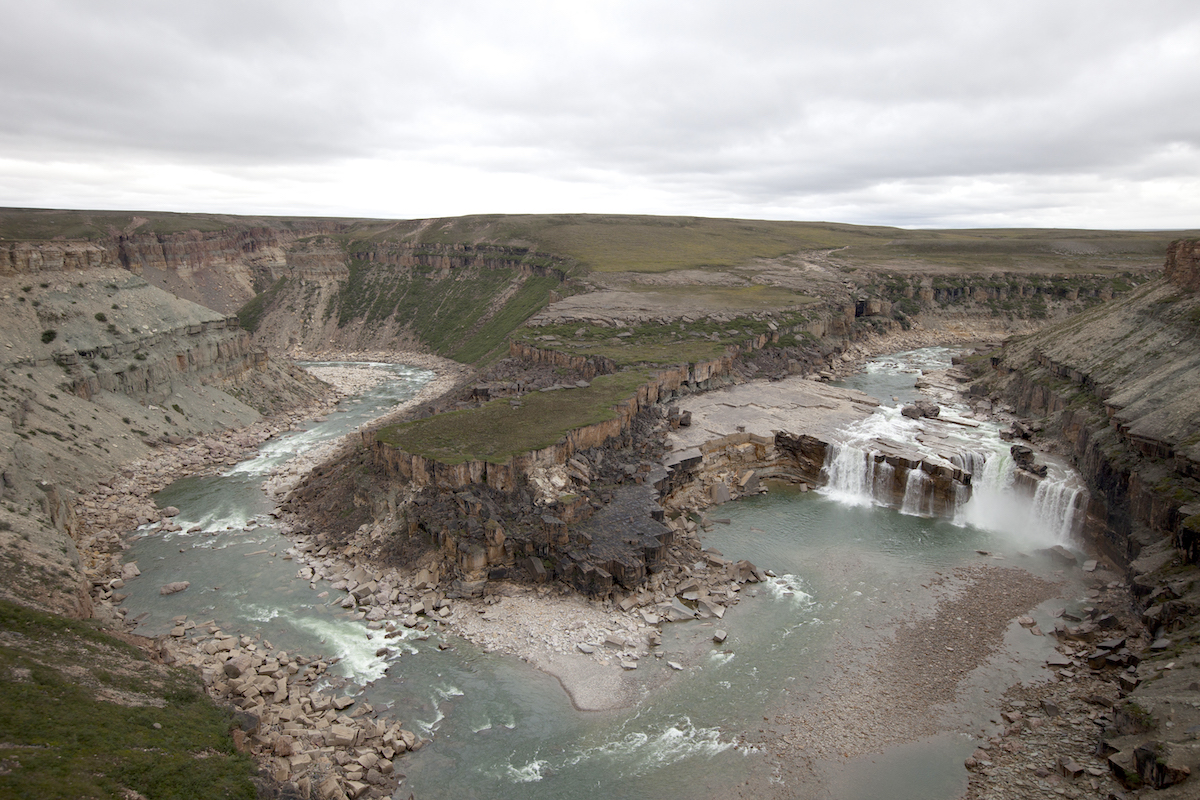 An aerial view of La Roncière Falls in Tuktut Nogait National Park.
