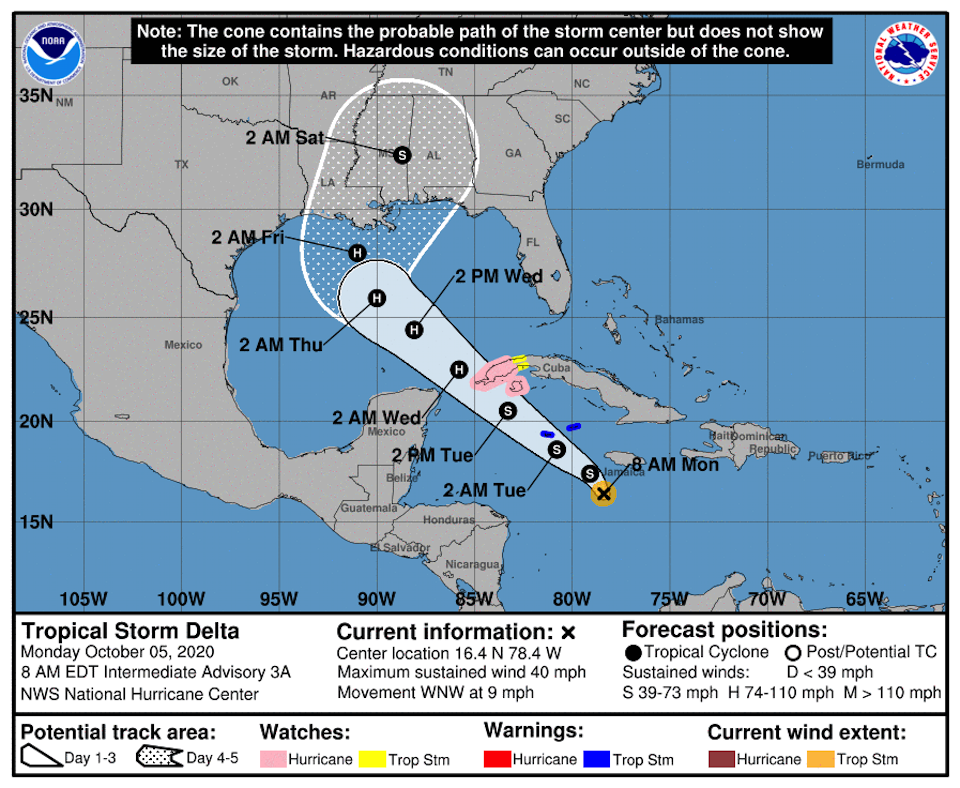 Tropical Storm Delta was forecast to squarely hit the northern Gulf Coast early Friday/National Hurricane Center