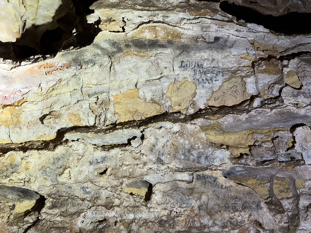 Writing from the late 1800s by early cave visitors, a part of the history of Wind Cave's early exploration, Wind Cave National Park / Rebecca Latson Writing from the late 1800s by early cave visitors, a part of the history of Wind Cave's early exploration, Wind Cave National Park / Rebecca Latson