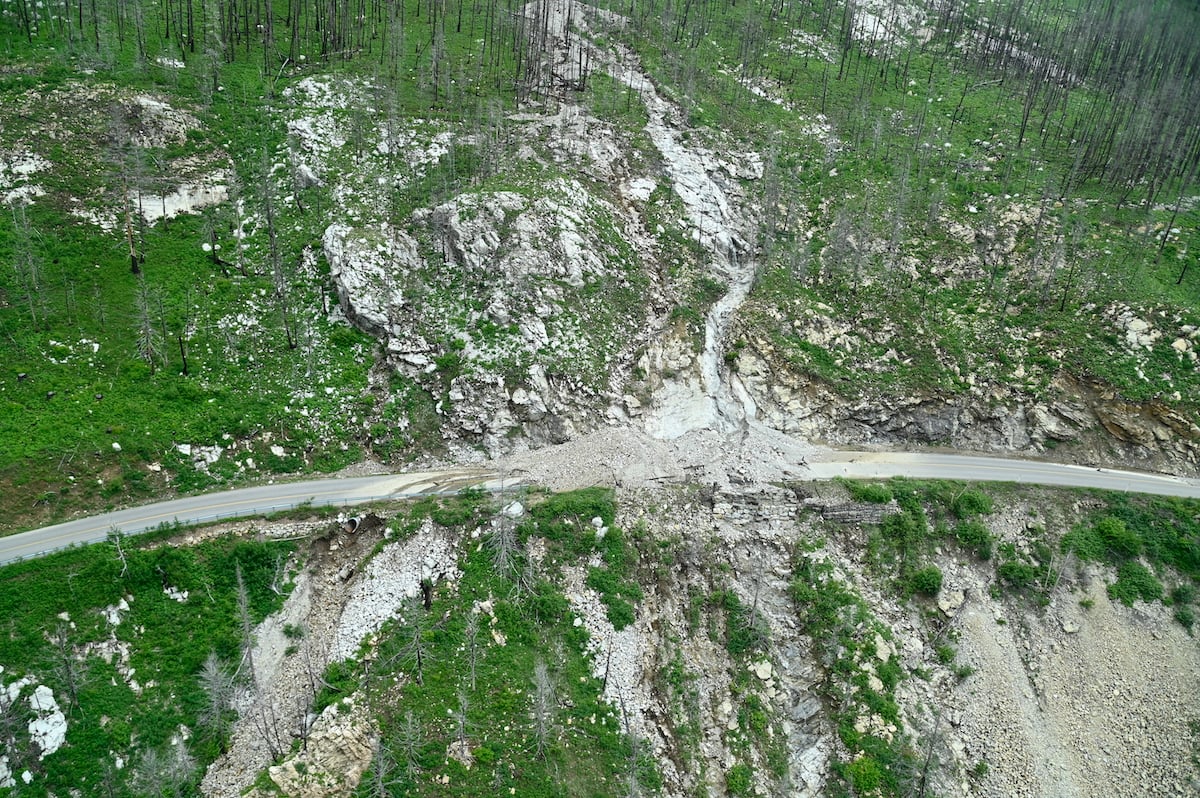 An aerial view of the Akamina rockslide in Waterton Lakes National Park as of June 12. An aerial view of the Akamina rockslide in Waterton Lakes National Park as of June 12.