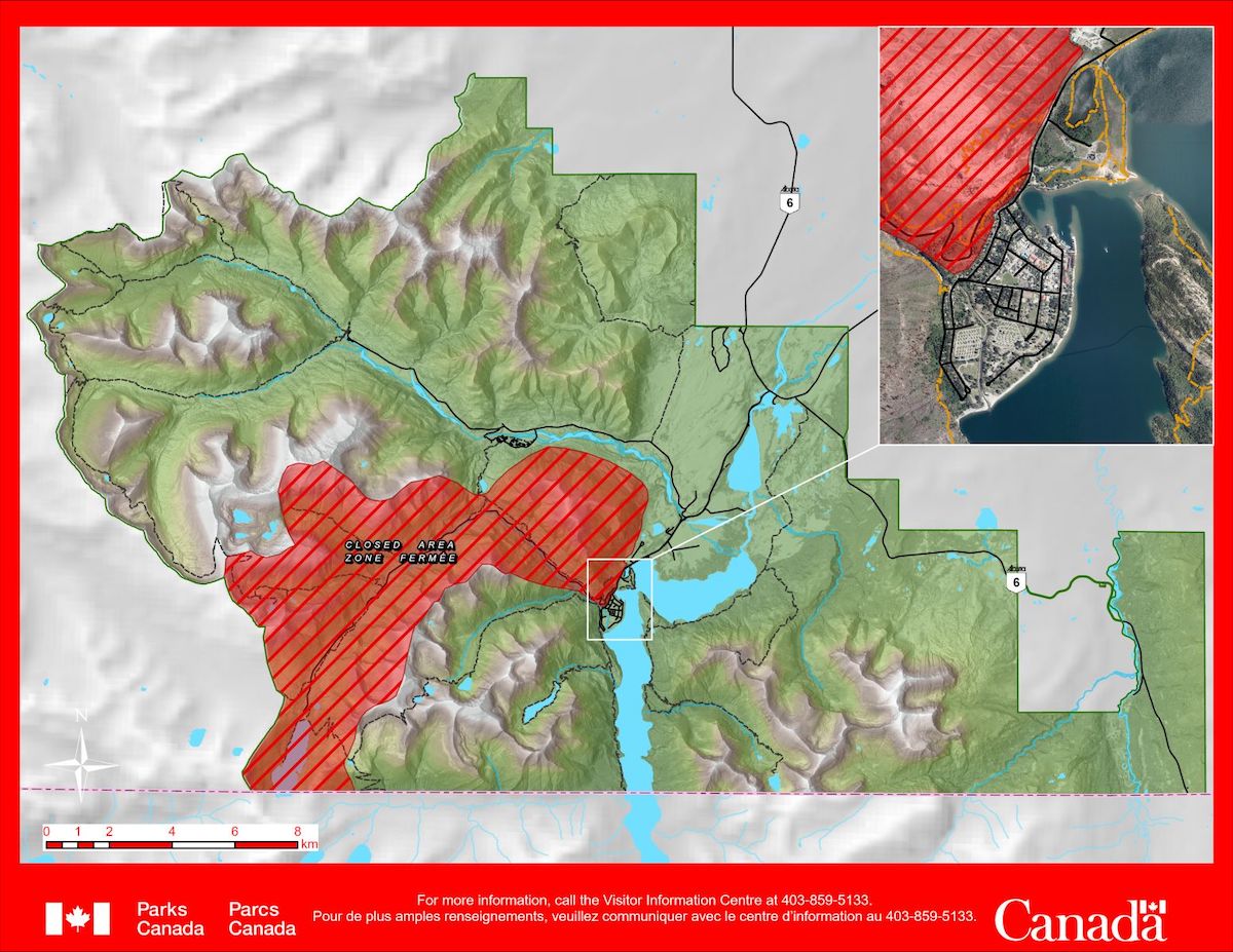 On June 14, Parks Canada released this map of current closures in Waterton Lakes National Park. On June 14, Parks Canada released this map of current closures in Waterton Lakes National Park.