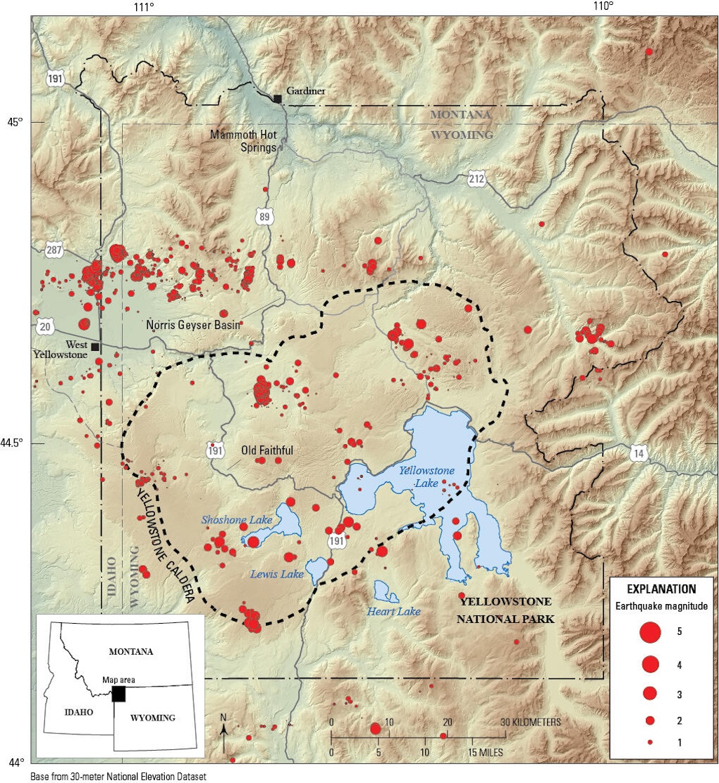 Map of seismicity (red circles) in the Yellowstone region during 2024. Gray lines are roads, black dashed line shows the caldera boundary, Yellowstone National Park is outlined by black dot-dashed line, and gray dashed lines denote state boundaries/USGS Map of seismicity (red circles) in the Yellowstone region during 2024. Gray lines are roads, black dashed line shows the caldera boundary, Yellowstone National Park is outlined by black dot-dashed line, and gray dashed lines denote state boundaries/USGS