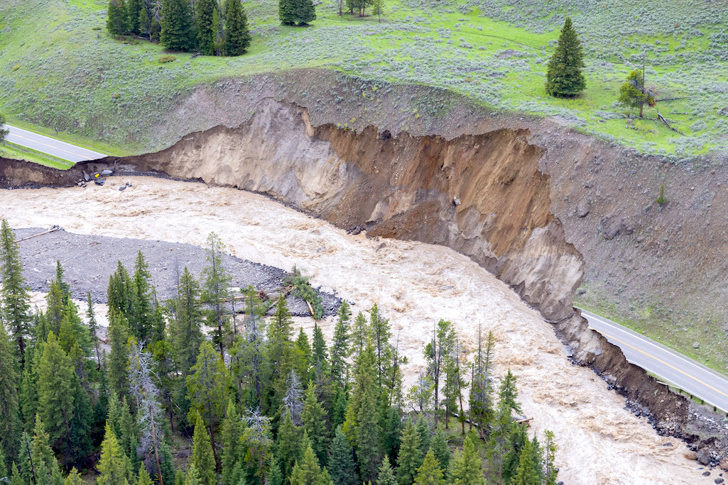 Flood damage to one section of Yellowstone's northeast entrance road/NPS Flood damage to one section of Yellowstone's northeast entrance road/NPS