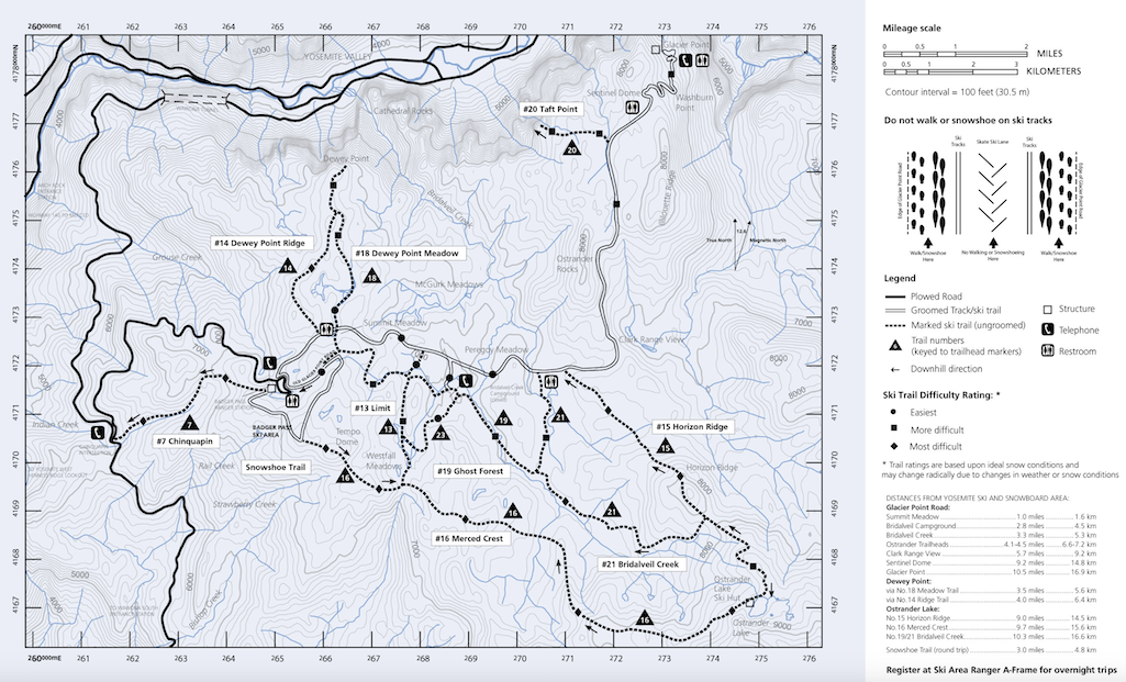 Ski and snowshoe routes near Badger Pass Ski Area.
