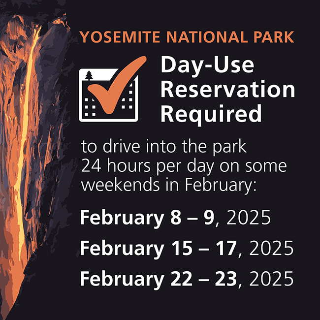 A day-use reservation will be required for the Horsetail Fall event in mid-late February, Yosemite National Park / NPS graphic A day-use reservation will be required for the Horsetail Fall event in mid-late February, Yosemite National Park / NPS graphic