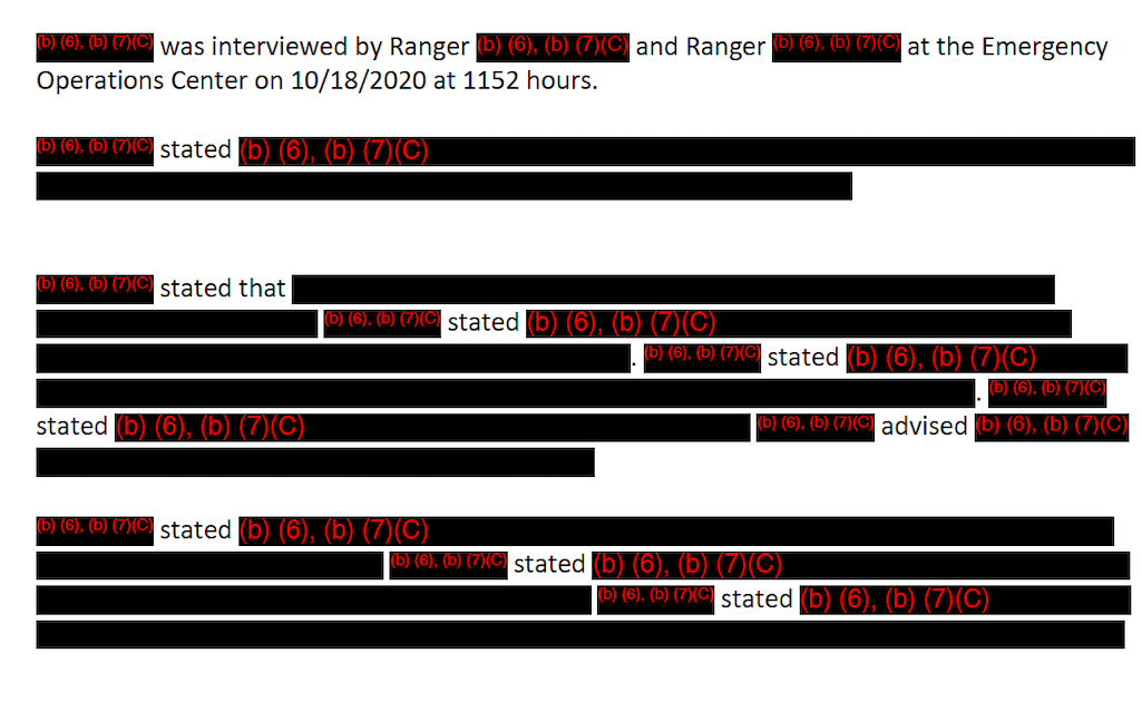 The rangers' interview with Courtier was heavily redacted/NPS The rangers' interview with Courtier was heavily redacted/NPS
