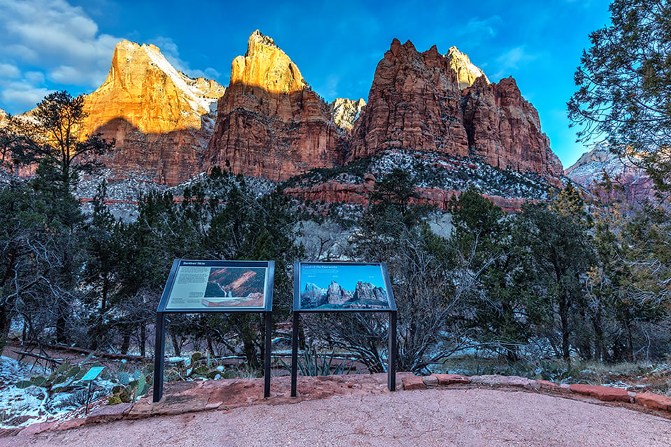 Early morning at the Court of the Patriarchs, Zion National Park / Rebecca Latson Early morning at the Court of the Patriarchs, Zion National Park / Rebecca Latson