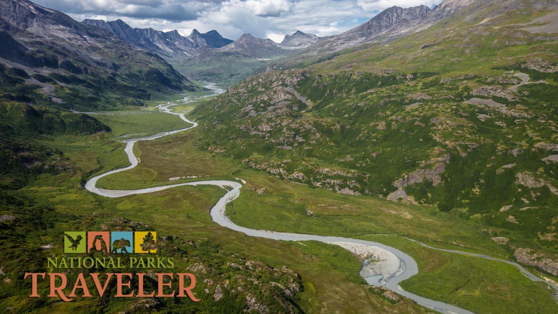 An image of a stream winding through a valley at Wrangell-St. Elias National Park and Preserve