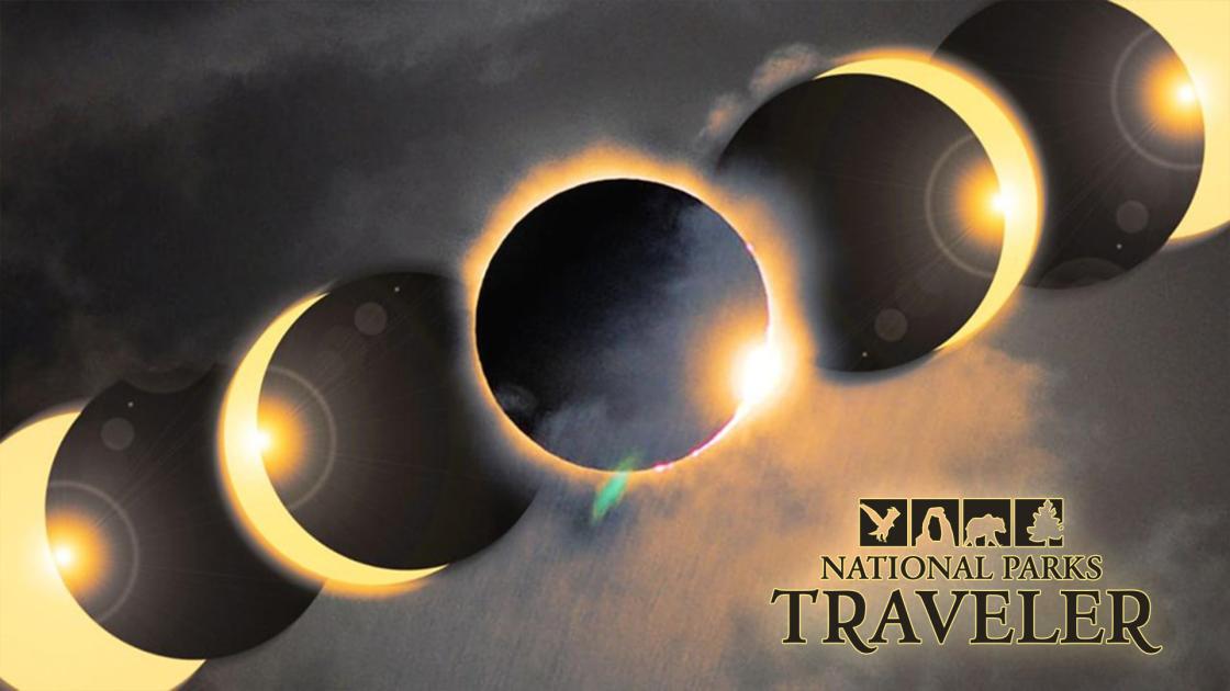 National Parks Traveler Podcast Episode 269 Image Composite image of a total solar eclipse from Grand Teton National Park, from NPS Archives