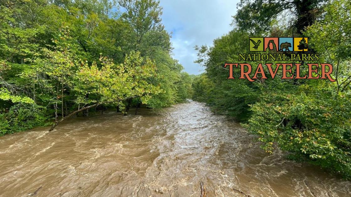 The flooded Oconaluftee River at Great Smoky Mountains National Park 9-27-24. NPS photo.