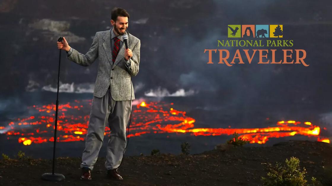Stand-Up Science comedian Ben Miller performing at Volcanoes National Park in Hawaii.