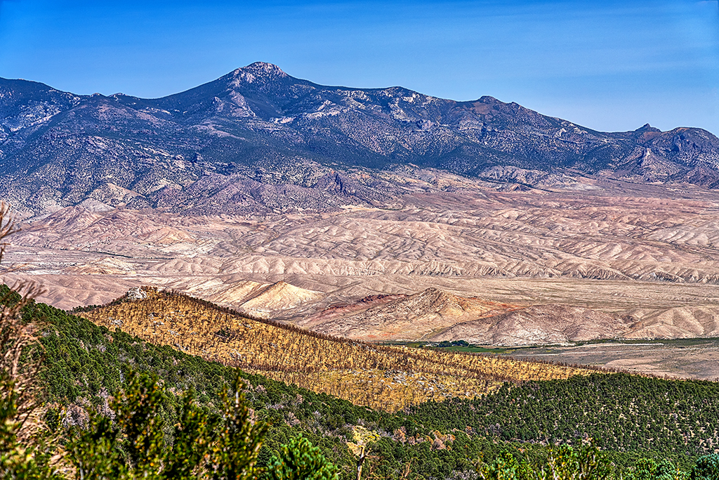 Basin and range landscape of dry beige hills and rugged mountains in the background as seen from Great Basin National Park